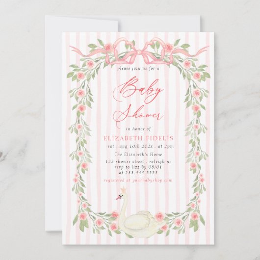 Swan Pink Bow Floral Roses Baby Shower Kaart (Voorkant)