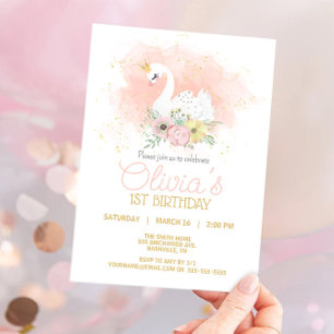 Swan Pink Elegant Princess Birthday Party Kaart