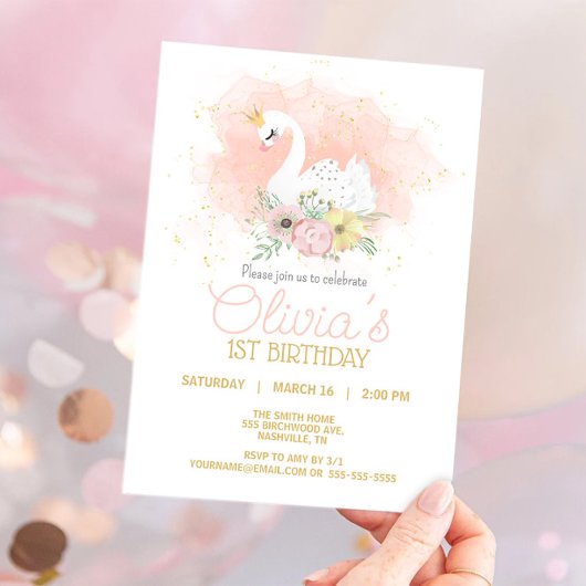 Swan Pink Elegant Princess Birthday Party Kaart