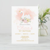 Swan Pink Elegant Princess Birthday Party Kaart (Staand voorkant)