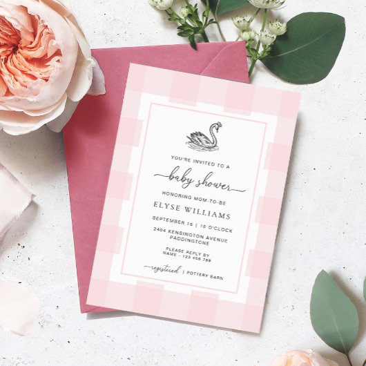 Swan Pink Gingham-Baby shower Kaart