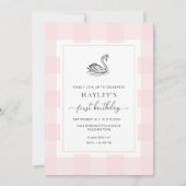 Swan Pink Gingham eerste verjaardag Kaart (Voorkant)