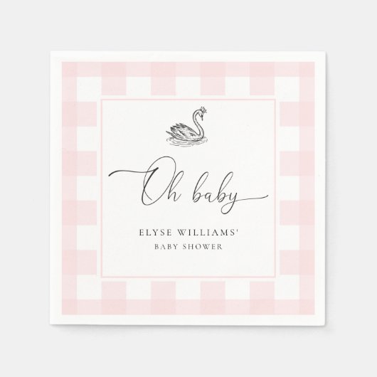Swan Pink Gingham Oh Baby papieren servet (Voorkant)