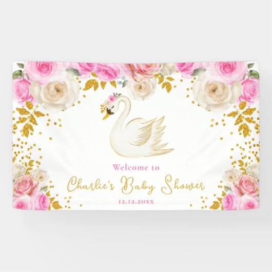 Swan Pink Gold Rozen Baby shower Welkom Spandoek (Horizontaal)