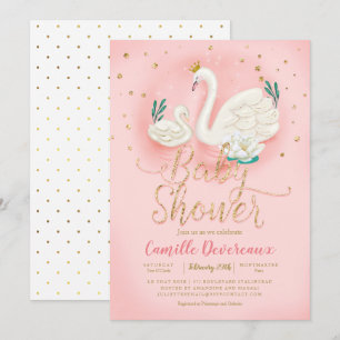 Swan Pond Gold Glitter Pink Baby shower Kaart