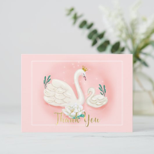 Swan Pond Gold Pink Baby shower Hartelijk dank Informatiekaartje (Staand voorkant)