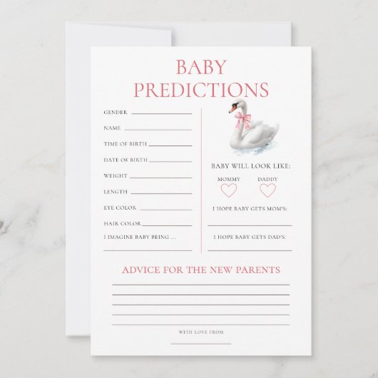 Swan Predictions Baby Shower Game Card Kaart (Voorkant)