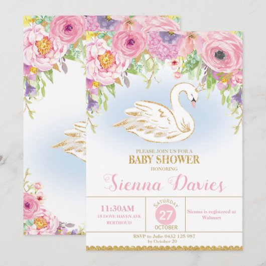 Swan Princess Baby shower Uitnodiging Bloemenmeisj (Voorkant / Achterkant)