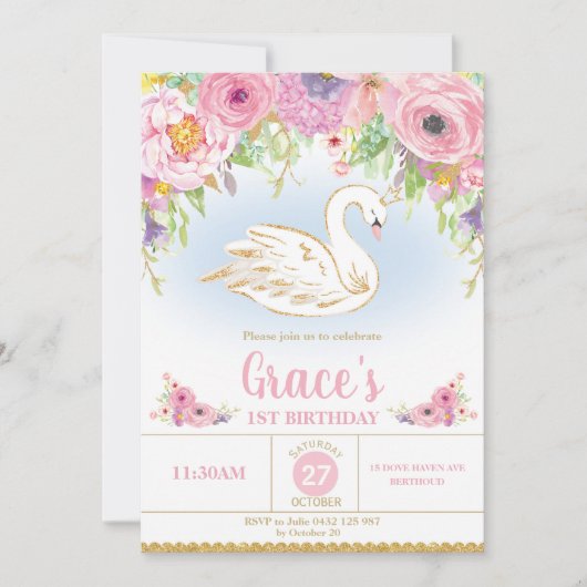 Swan Princess Birthday Invitation Floral Girl Kaart (Voorkant)