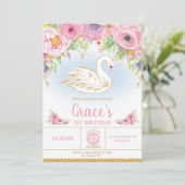 Swan Princess Birthday Invitation Floral Girl Kaart (Staand voorkant)