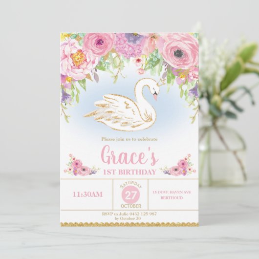 Swan Princess Birthday Invitation Floral Girl Kaart (Staand voorkant)