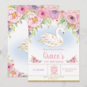 Swan Princess Birthday Invitation Floral Girl Kaart (Voorkant / Achterkant)