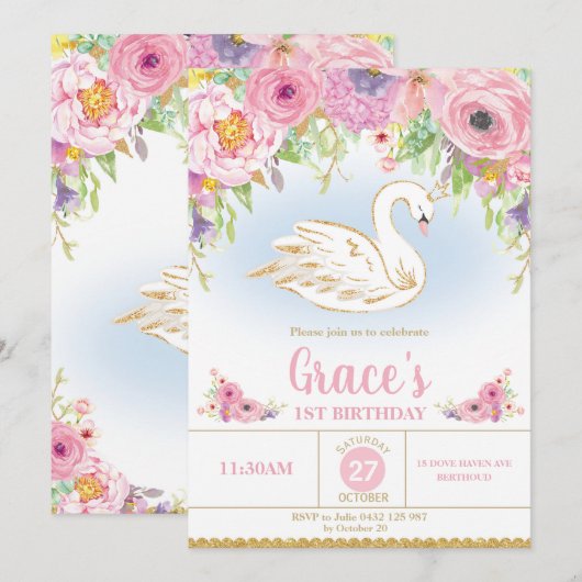 Swan Princess Birthday Invitation Floral Girl Kaart (Voorkant / Achterkant)