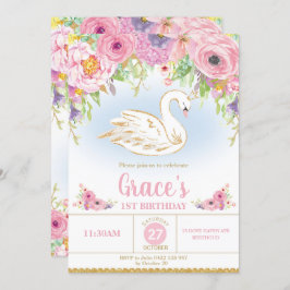 Swan Princess Birthday Invitation Floral Girl Kaart