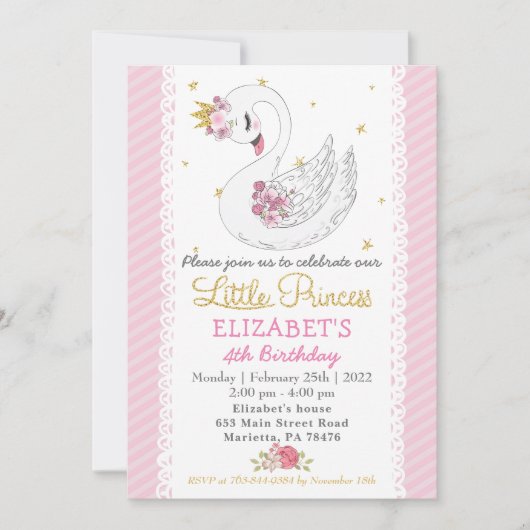 Swan Princess Birthday Party Invitation Kaart (Voorkant)