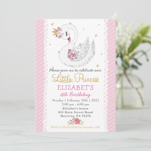 Swan Princess Birthday Party Invitation Kaart (Staand voorkant)