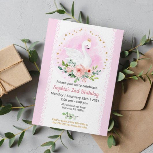 Swan Princess Birthday Party Invitation Kaart