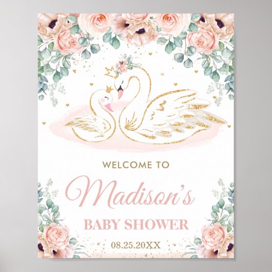 Swan Princess Blush Floral Baby shower Welkom Poster (Voorkant)