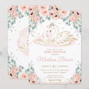 Swan Princess Blush Pink Floral Baby shower  Kaart