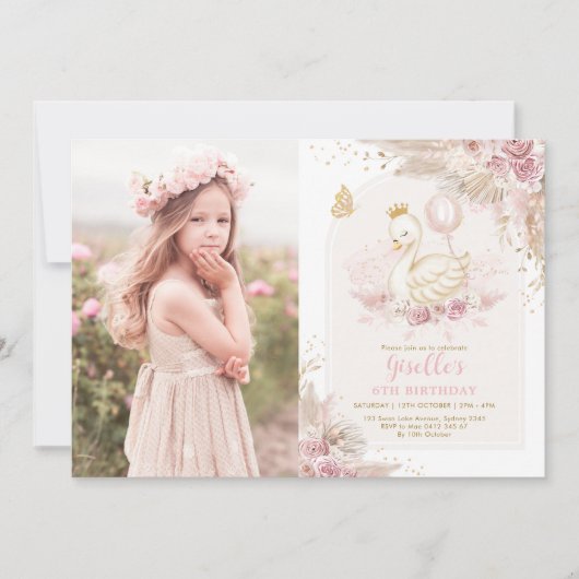  Swan Princess Boho Pink Floral Birthday Kaart (Voorkant)