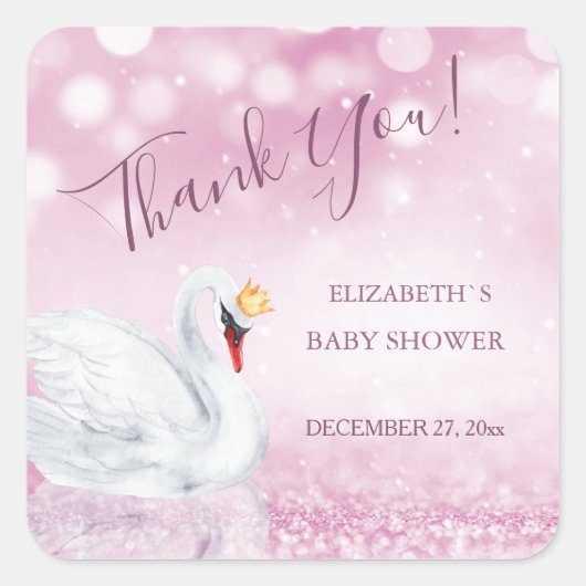 Swan Princess | Dank u wel | BABY SHOWER Vierkante Sticker (Voorkant)
