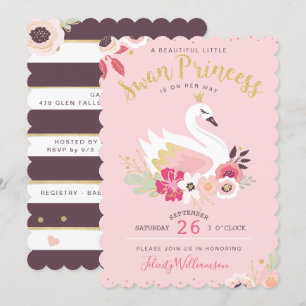 Swan Princess Florals & Greenery Girl Baby shower Kaart