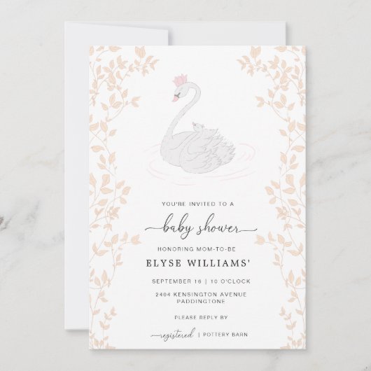 Swan Princess Girl Baby shower Invitation Kaart (Voorkant)