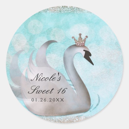 Swan Princess Glitter Birthday Party Custom Favor Ronde Sticker (Voorkant)