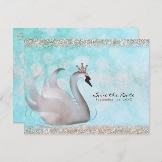 Swan Princess Glitter Sprookje Save the Date Aankondigingskaart (Voorkant / Achterkant)