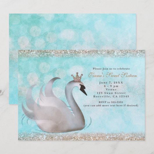 Swan Princess Glitter verjaardagsfeestje uitnodigi Kaart (Voorkant / Achterkant)