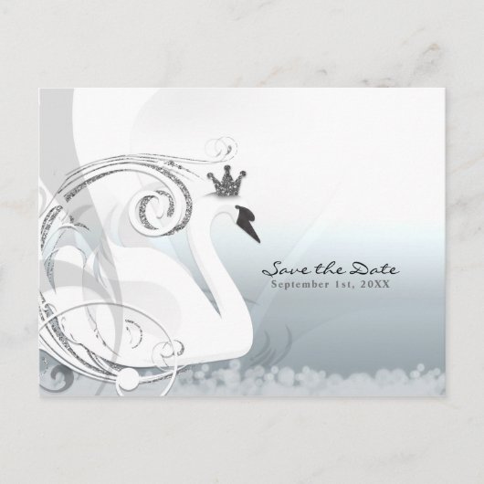 Swan Princess Silver & White Save the Date Aankondigingskaart (Voorkant)