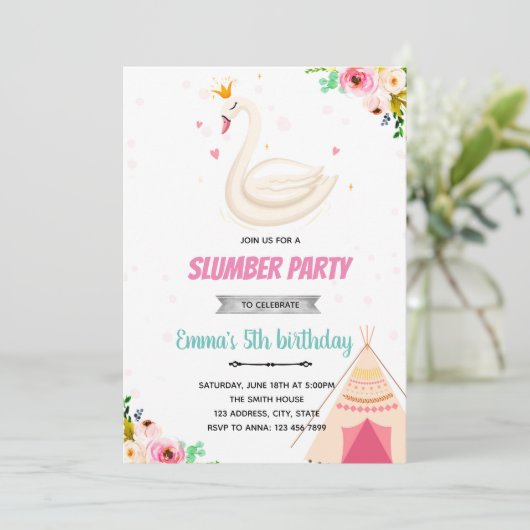 Swan princess slumber party-uitnodiging kaart (Staand voorkant)