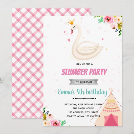 Swan princess slumber party-uitnodiging kaart (Voorkant / Achterkant)