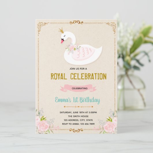 Swan princess verjaardagsuitnodiging kaart (Staand voorkant)