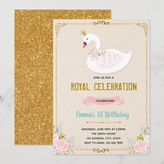 Swan princess verjaardagsuitnodiging kaart (Voorkant / Achterkant)