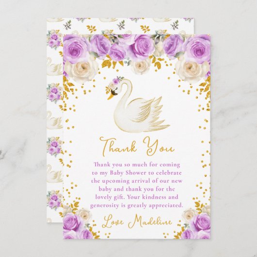 Swan Purple and Gold Roses Baby Shower Bedankkaart (Voorkant / Achterkant)