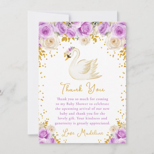 Swan Purple and Gold Roses Baby Shower Bedankkaart (Voorkant)