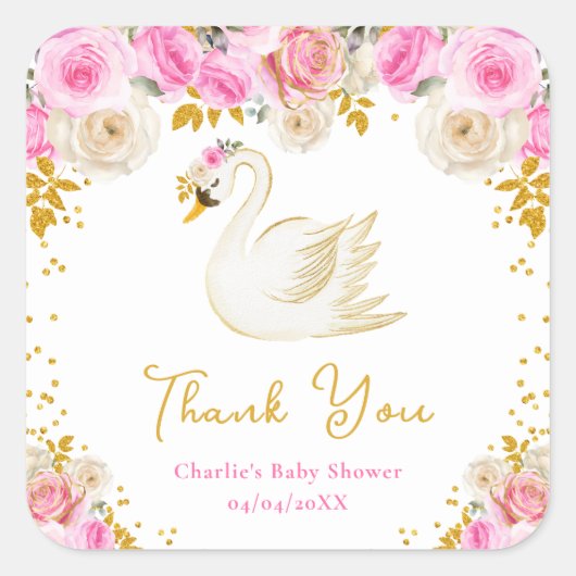 Swan Roze Goud Rozen Baby shower Dank u Vierkante Sticker (Voorkant)