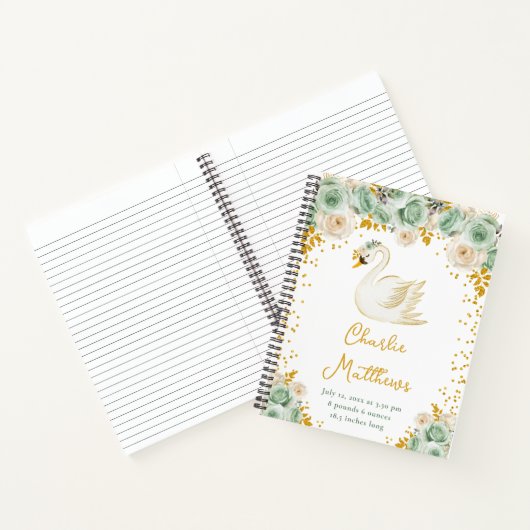 Swan Sage Green and Gold Roses Birth Statistics Notitieboek (Binnen)