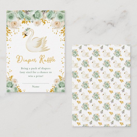 Swan Sage Green and Gold Roses Diaper Raffle Informatiekaartje (Voorkant / Achterkant)