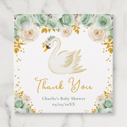 Swan Sage Groen Goud Rozen Baby shower Dank u Bedankjes Labels (Voorkant)