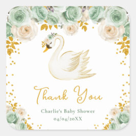 Swan Sage Groen Goud Rozen Baby shower Dank u Vierkante Sticker