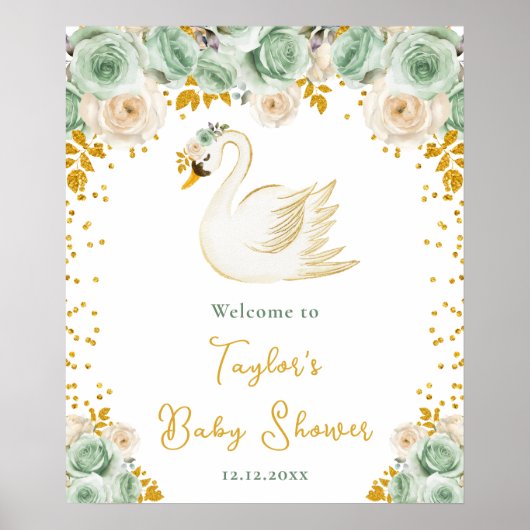 Swan Sage Groen Goud Rozen Baby shower Welkom Poster (Voorkant)
