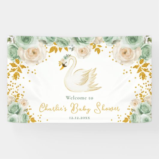 Swan Sage Groen Goud Rozen Baby shower Welkom Spandoek (Horizontaal)
