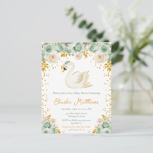 Swan Sage Groene en Gouden Rozen Baby shower Briefkaart (Staand voorkant)