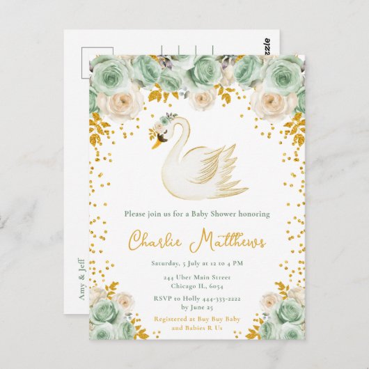Swan Sage Groene en Gouden Rozen Baby shower Briefkaart (Voorkant / Achterkant)