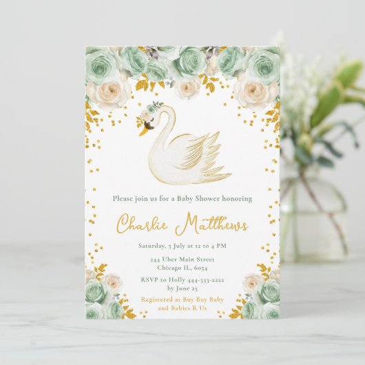Swan Sage Groene en Gouden Rozen Baby shower Kaart (Staand voorkant)