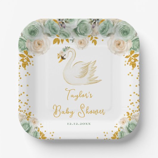 Swan Sage Groene en Gouden Rozen Baby shower Papieren Bordje (Voorkant)