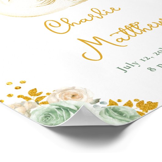 Swan Sage Groene en Gouden Rozen Geboortestatistie Poster (Hoek)