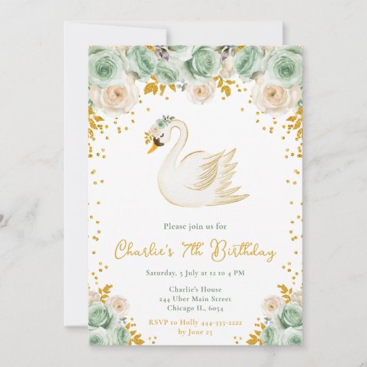 Swan Sage Groene en Gouden Rozen Verjaardagsfeestj Kaart (Voorkant)